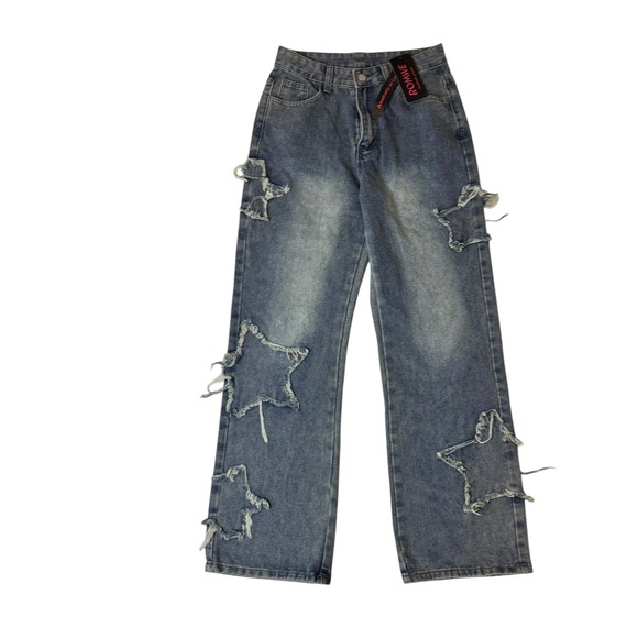 ROMWE Denim - ROMWE Women Blue‎ Denim Star Cutout Ripped Jeans Wide Leg Y2K GRUNGE Whimsy Goth